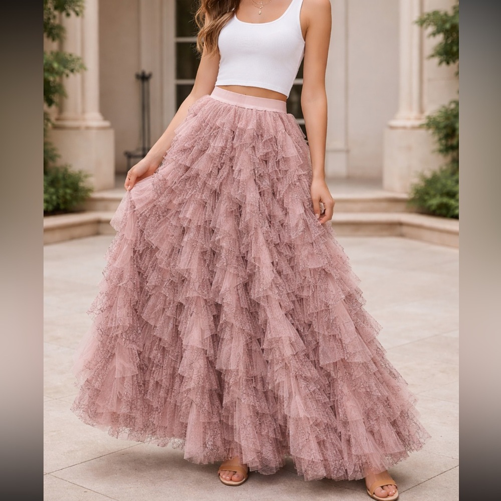 Mac Duggal Blush Layered A-Line Maxi Skirt